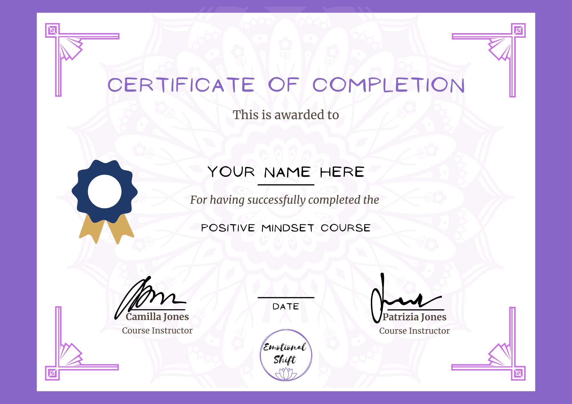Positive Mindset course certificate